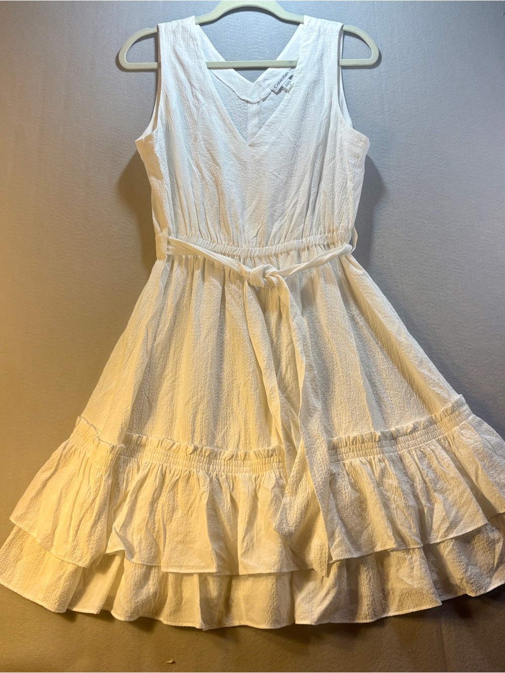 Calvin Klein White Ruffled Sleeveless Dress with Waist Tie - Picture 3 of 4